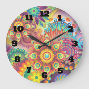 Grande Horloge Ronde Motif de formes de fleurs Art déco multicolores