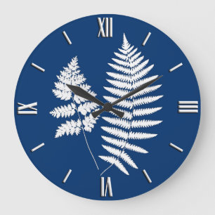 Grande Horloge Ronde Motif de fougères de bois, bleu de cobalt et blanc
