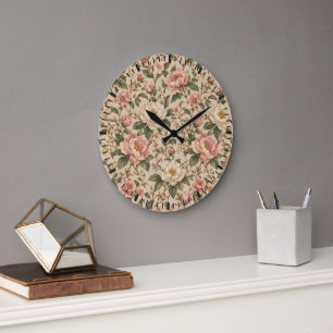 Grande Horloge Ronde Motif de jardin de pivoine et de rose romantique v
