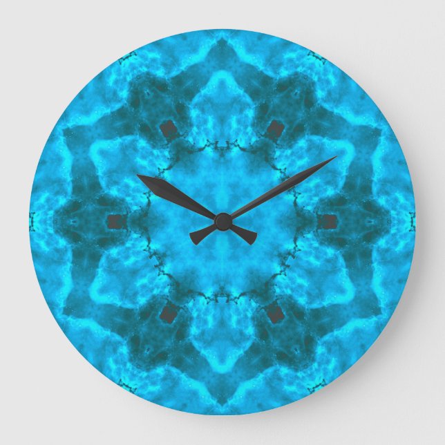Grande Horloge Ronde Motif de kaléidoscope bleu glace givrée (Recto)