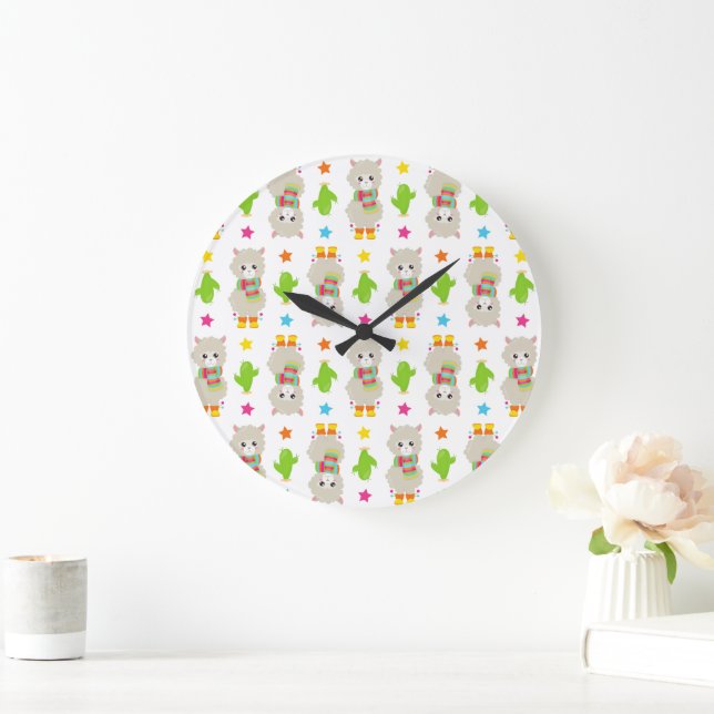 Grande Horloge Ronde Motif De Llamas, Cute Llamas, Alpacas, Cactus (Maison)