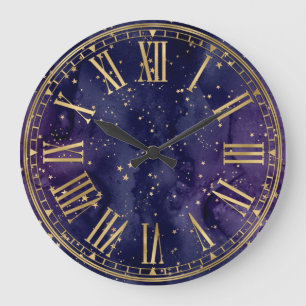 Grande Horloge Ronde Motif de magie fantaisiste bleu foncé et étoiles d