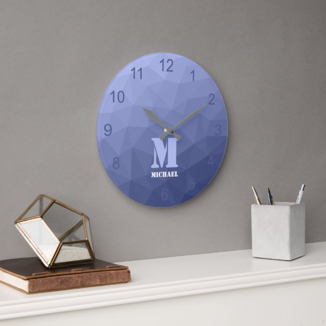 Grande Horloge Ronde Motif de maillage géométrique dégradé gris bleu (Bureau)
