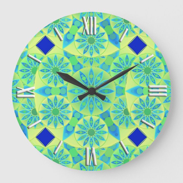 Grande Horloge Ronde Motif de mandala, turquoise, bleu, vert de chaux (Recto)