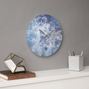 Grande Horloge Ronde Motif de Noël bleu texturé de glace et de neige