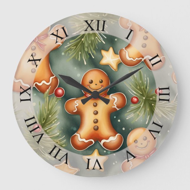 Grande Horloge Ronde Motif de Noël brun de gingembre souriant (Recto)