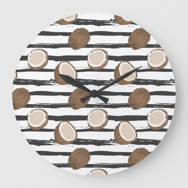Grande Horloge Ronde Motif de noix de coco sur Grunge Stripes (Recto)