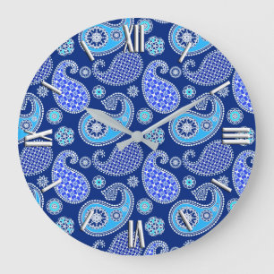 Grande Horloge Ronde Motif de Paisley, bleu de cobalt et blanc