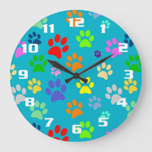 Grande Horloge Ronde Motif de pattes pour animaux de compagnie colorées