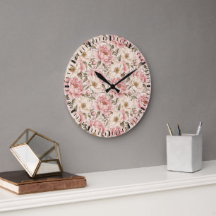 Grande Horloge Ronde Motif de pivoines fleuries vintage