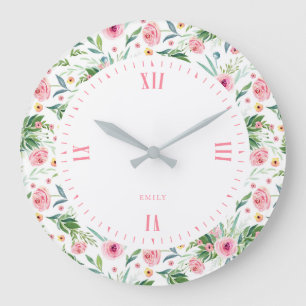 Grande Horloge Ronde Motif de pivoines rose pastel