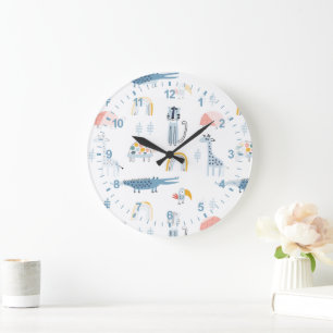 Grande Horloge Ronde Motif de plaisir animal Doodle