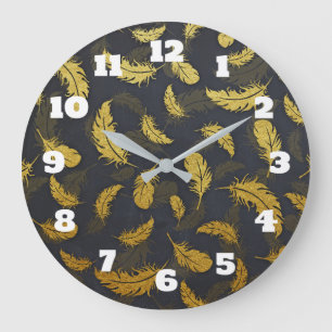 Grande Horloge Ronde Motif de plume noir et or
