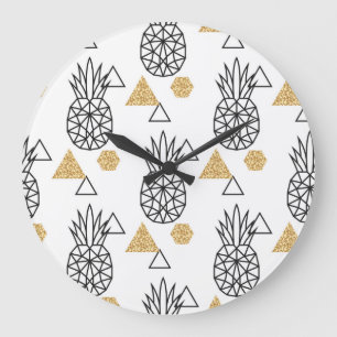 Grande Horloge Ronde Motif de points d'or géométriques à ananas.
