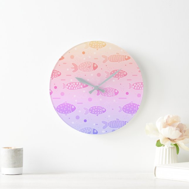 Grande Horloge Ronde Motif de poisson couché de soleil rayonnant modern (Maison)