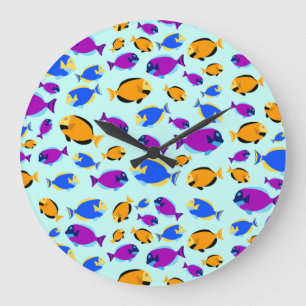 Grande Horloge Ronde Motif de poissons tropicaux colorés en Mer Bleue