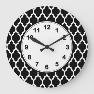 Grande Horloge Ronde Motif de Quatrefoil Marocain Noir Blanc #4