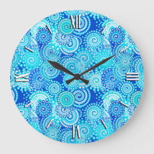 Grande Horloge Ronde Motif de remous de fractale, bleu de cobalt