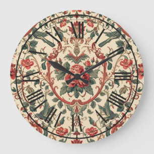 Grande Horloge Ronde Motif de rose et d'oiseau vintage Art nouveau roma