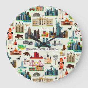 Grande Horloge Ronde Motif de symboles des Etats-Unis