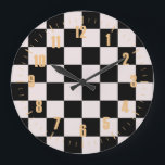 Grande Horloge Ronde Motif de tableau de bord noir rétro<br><div class="desc">Cool frais à damiers design motif,  décoration de design d'intérieur moderne pour la maison,  salon,  chambre de pépinière,  chambre pour enfants. à damiers rideaux colorés,  tapis,  téléphone. à damiers les années 70 et les années 60 tendances design idée. Vérificateurs en noir et blanc</div>