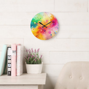 Grande Horloge Ronde Motif de taches d'aquarelle abstraite vibrant