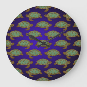 Grande Horloge Ronde Motif de tortue marine verte sur fond bleu
