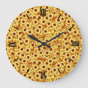 Grande Horloge Ronde motif de tournesol - or, jaune et marron