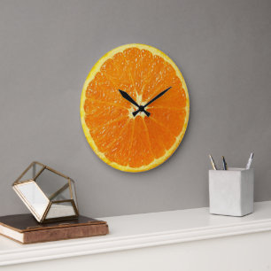 Grande Horloge Ronde Motif de tranche de fruit orange vif et amusant po