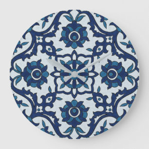 Grande Horloge Ronde Motif de tuiles florales Azulejos bleu-portugais