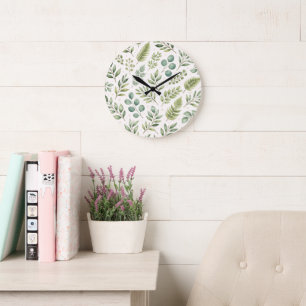 Grande Horloge Ronde Motif de verdure à l'aquarelle   Feuilles botaniqu