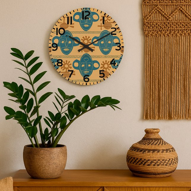 Grande Horloge Ronde Motif de visage ethnique africain Masque tribal (Créateur téléchargé)