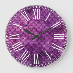 Grande Horloge Ronde Motif d'écailles de sirène glamour en dégradé viol