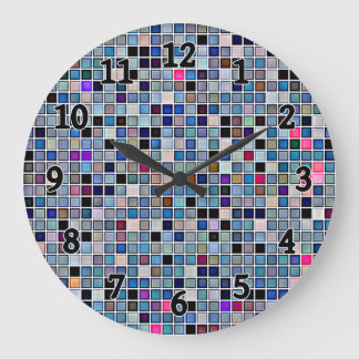 Grande Horloge Ronde Motif défoncé bleu "Carreaux de salle de bain"