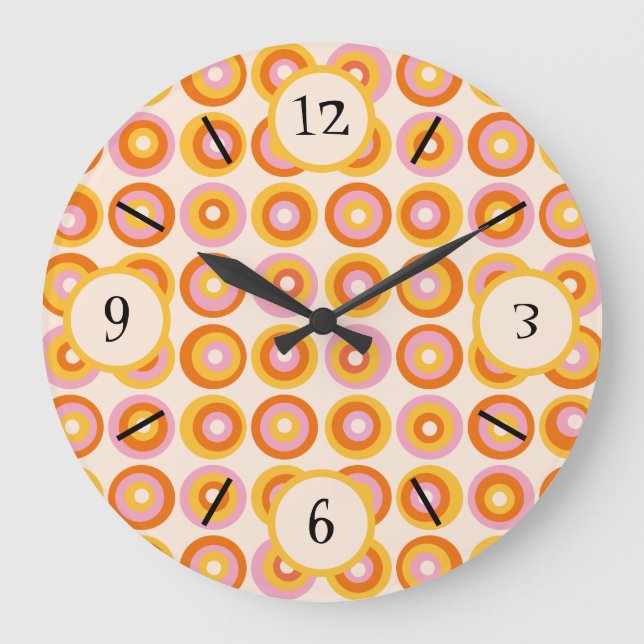 Grande Horloge Ronde Motif des cercles orange du milieu du siècle rétro (Recto)