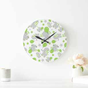 Grande Horloge Ronde Motif Des Eléphants, Eléphants Mignons - Grey Vert
