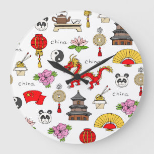 Grande Horloge Ronde Motif des symboles chinois