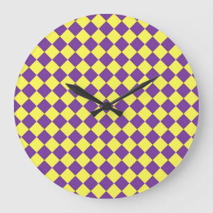 Grande Horloge Ronde Motif diamant à carreaux jaune violet