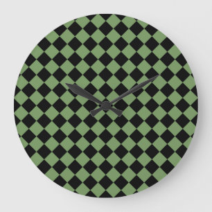 Grande Horloge Ronde Motif diamant de Black Checker vert