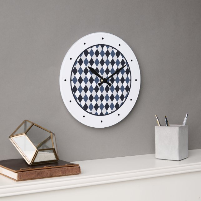 Grande Horloge Ronde Motif diamant gris et blanc arlequin (Bureau)