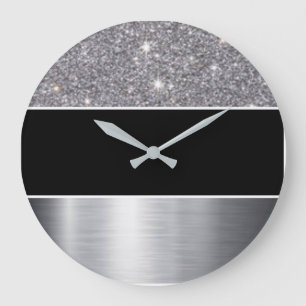 Grande Horloge Ronde Motif d'impression en argent noir Parties scintill