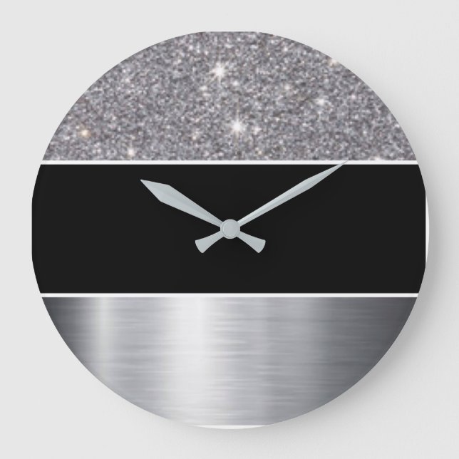 Grande Horloge Ronde Motif d'impression en argent noir Parties scintill (Recto)