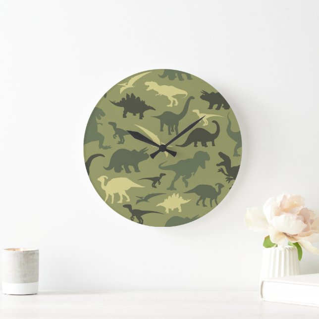 Grande Horloge Ronde Motif Dinosaure, Silhouette Dinosaure, Dino Vert (Maison)