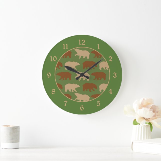 Grande Horloge Ronde Motif d'ours sur Cabine vert (Maison)