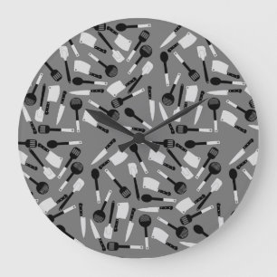 Grande Horloge Ronde Motif d'ustensiles de cuisine