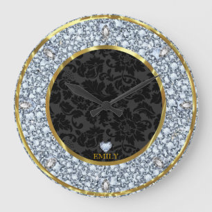 Grande Horloge Ronde Motif élégant or noir et diamants scintillants
