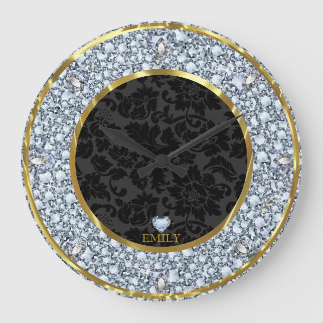 Grande Horloge Ronde Motif élégant or noir et diamants scintillants (Recto)