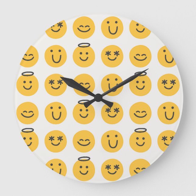Grande Horloge Ronde Motif Emoji Joyeux tiré à la main (Recto)