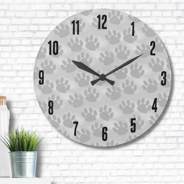 Grande Horloge Ronde Motif Empreinte de patte simple (Cute Simple Animal Light Gray Paw Print Pattern Large Clock)