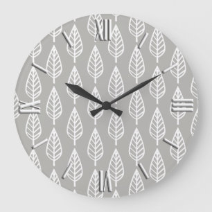 Grande Horloge Ronde motif en feuilles de hêtre - gris argenté / gris e